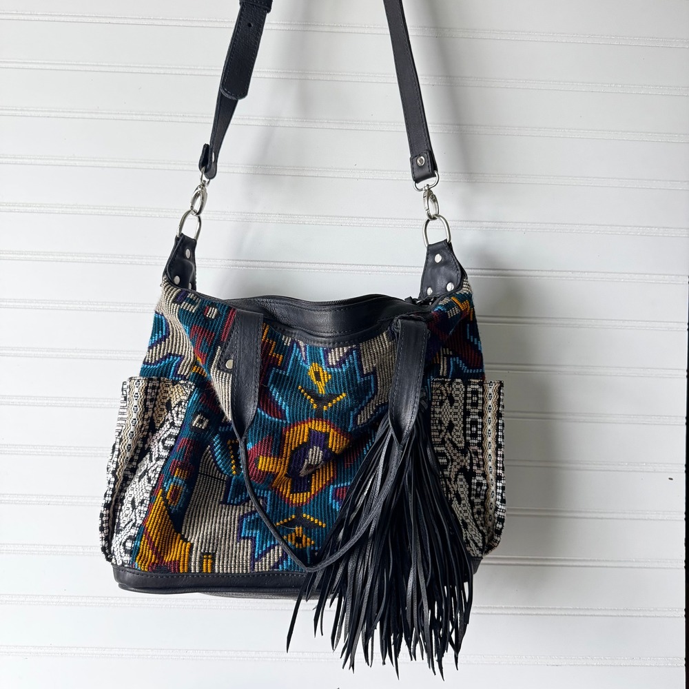 Maria's Artisan Shop Boho Tribal Woven Leather Tote Bag Fringe Backpack - Picture 12 of 14